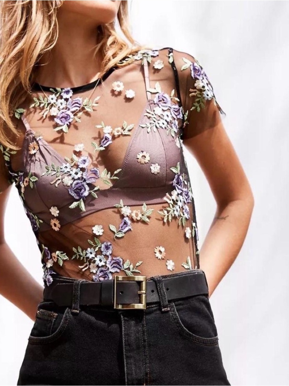 Kimchi Blue Black Floral Embroidered Sheer Mesh Top